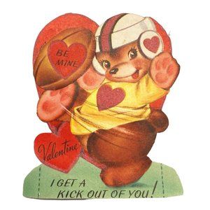 Anthropomorphic Bear Valentine Greeting Card Football Player Vintage 1940s